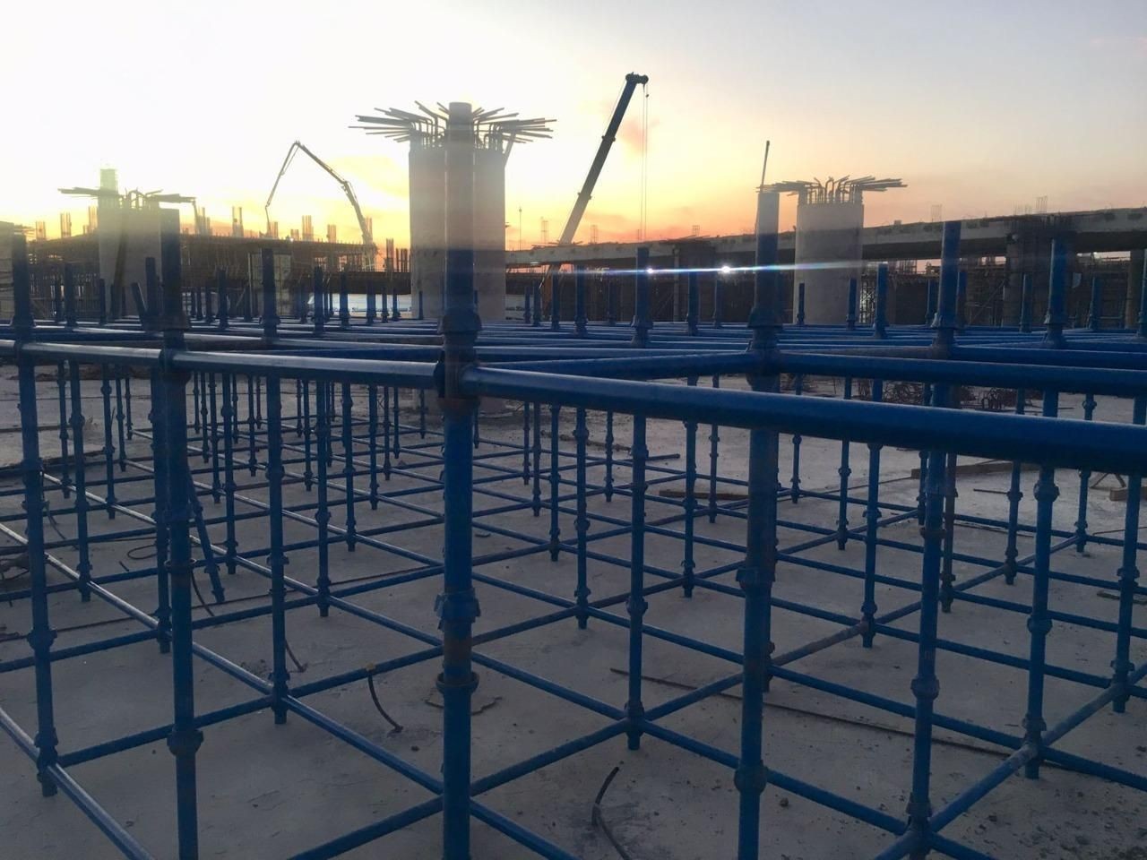 Vertical support columns made of strong metal sections (in blue), which carry the weight of the roof.