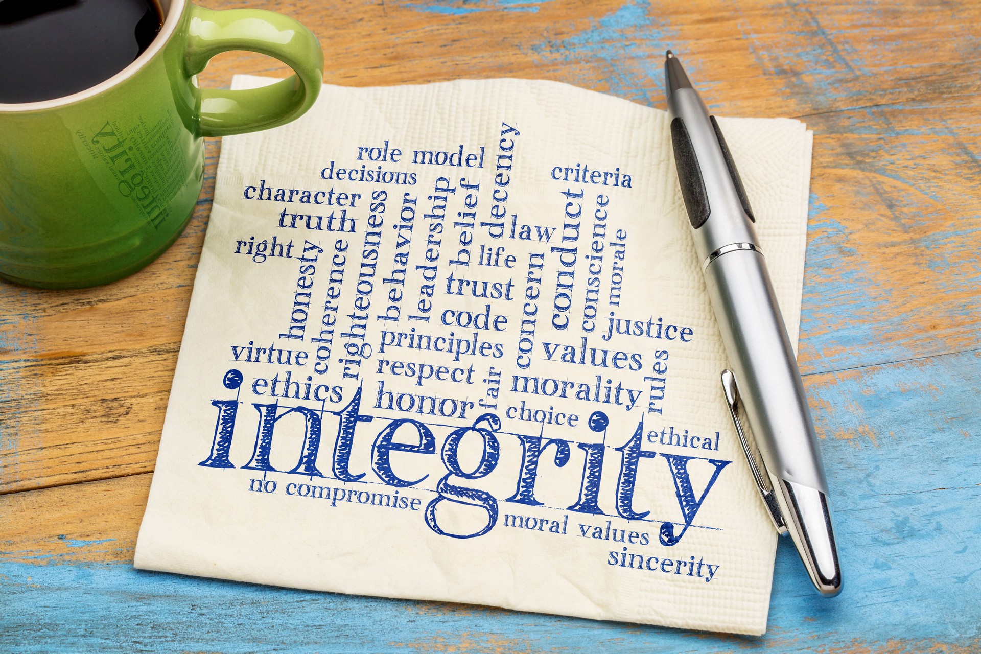 integrity word cloud on napkin with coffee